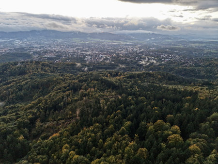 Aerial Undulating Hills Covered With Forest Showing Textured Canopy And Sweeping Horizon, Great For Landscapeの写真素材