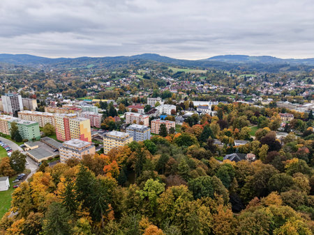 Aerial Apartment District And Tree Canopy Showing Multistory Blocks, Leafy Streets, Urban Park Pocketsの写真素材