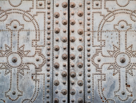 Closeup ornate metal door showcasing rivets, embossed floral motifs, heavy studs and weathered patina,の写真素材