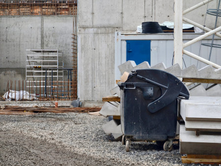 Black dumpster next to concrete wall. Onsite waste station with portable toilet and scattered debris,の写真素材