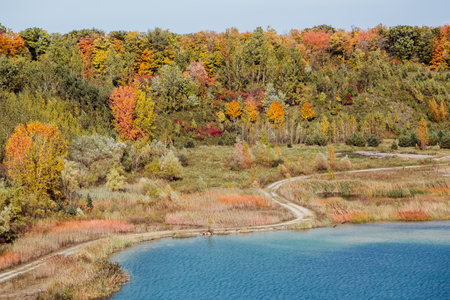 Milton, Ontario, Canada, stunning, gorgeous inviting landscape view, autumn forest in the lakeの写真素材