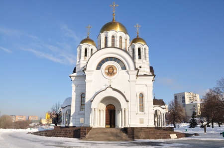 orthodox temple with gold domesの写真素材