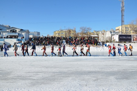SAMARA, RUSSIA - JANUARY 29: Competitors parade before the stands, Ice Speedway the Cup of Russia January 29, 2012 in Samara, Russiaのeditorial素材