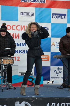 RUSSIA SAMARA - FEBRUARU 12: Speech by the singer "Matryoshka" on the podium for a rewarding, Cup of Russia in winter track motor racing February 12, 2012 in Samara, Russiaのeditorial素材