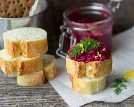 mousse beets in a glass jar and the breadの写真素材