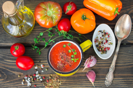 Homemade thick soup made of tomatoes and roasted bell peppers. Selective focusの写真素材