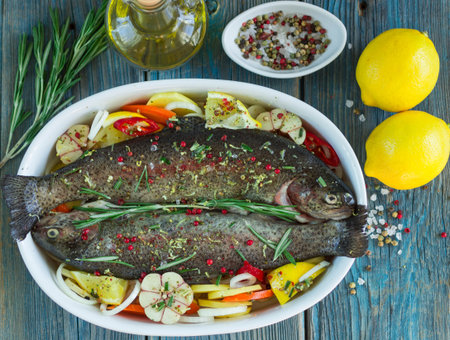 Two fresh rainbow trout with lemon, rosemary and spices in a ceramic baking dish