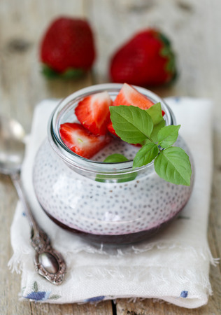 Healthy Breakfast. Greek yogurt with Chia seeds, strawberries and strawberry jellyの写真素材