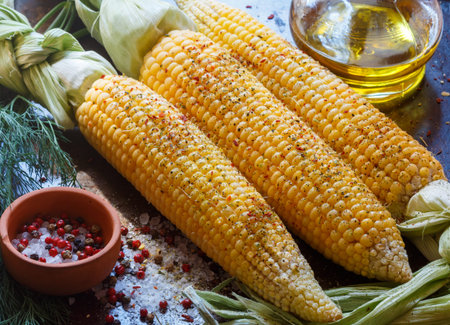Juicy young corn ready for baking with olive oil and spices. Selective focus