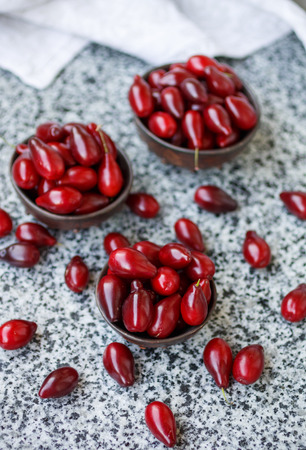 Ripe juicy berries of dogwood. Cornel. Selective focusの写真素材