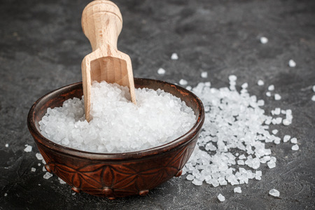 Natural sea salt crystals for cooking. Organic healthy product. Seasonings. Selective focusの写真素材