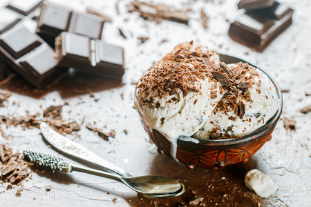 Homemade vanilla ice cream with chocolate chips. Refreshing dessert for gourmets. stracciatella. Selective focusの写真素材