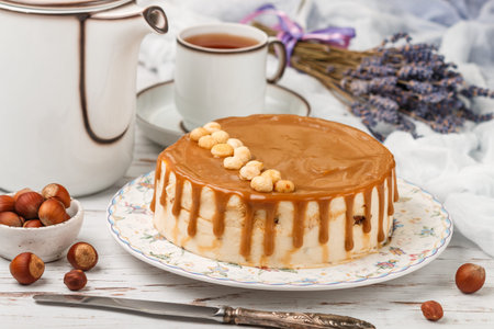 Caramel hazelnut cake. Gourmet mousse dessert for gourmets. Sweet treat for tea or coffee. Selective...
