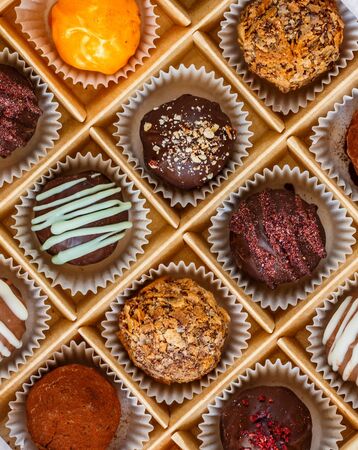 Set of milk and dark chocolate truffles with nuts (almonds, hazelnuts, cashews, peanuts, walnuts), berries (raspberries, strawberries, cranberries, black currants) and orange. Round gourmet candiesの写真素材