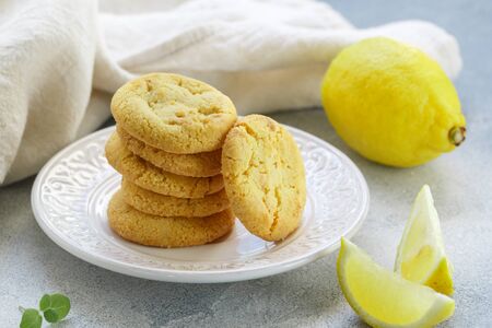 Homemade freshly baked lemon cookies with white chocolate. Dessert for gourmets. Selective focusの写真素材