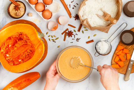 Woman prepares pumpkin dough for homemade pancakes, muffins, pies or waffles. Ingredients on the...