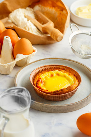 Egg tart, traditional Portuguese dessert, pastel de nata in a gray plate on a marble background....
