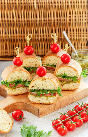 Baguette sandwiches with pesto sauce, sausage or ham, cheese, lettuce and cherry tomatoes. Picnic food. Selective focus, copy spaceの写真素材