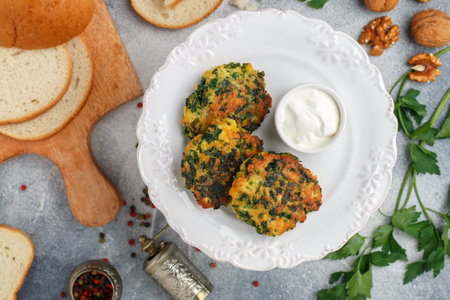 Vegetarian pancakes or cutlets with herbs (parsley, dill, cilantro, basil), eggs, walnuts and...