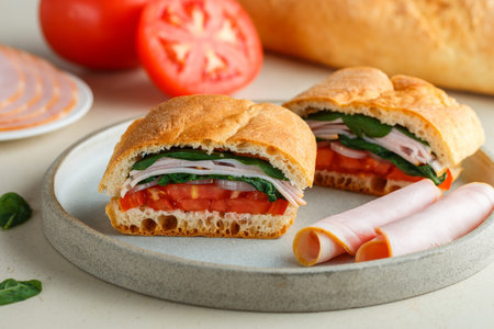 Baguette stuffed with tomatoes, onions, ham, spinach, basil. A multi-layered snack for gourmets. Healthy breakfast. Mediterranean cuisine. selective focusの写真素材