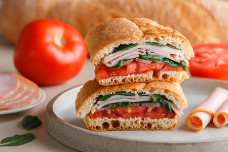 Baguette stuffed with tomatoes, onions, ham, spinach, basil. A multi-layered snack for gourmets. Healthy breakfast. Mediterranean cuisine. selective focusの写真素材