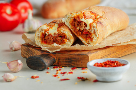 Baguette stuffed with bolognese ragout of minced beef, tomatoes, onions, spices and cheese. A delicious Italian lunch, homemade sandwich close-up. A Mediterranean dish. selective focusの写真素材