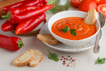 Thick soup puree of fresh tomatoes and red bell pepper with parsley and spices. Gazpacho. Vegetarian and vegan cuisine. Served with a baguette. Healthy eating. Selective focusの写真素材