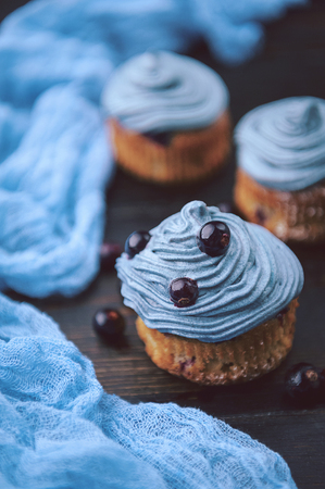 muffin with currants on a dark background next to the berries on the branches. in a rustic style. dark styleの写真素材