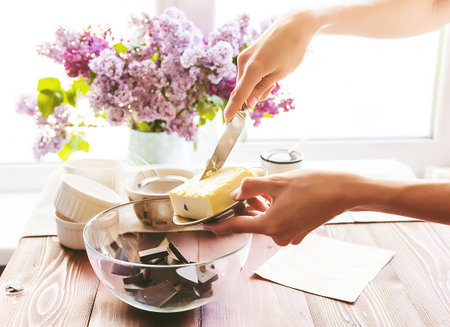 Step by step the chef prepares a dessert - chocolate fondant. Classic recipe.の写真素材