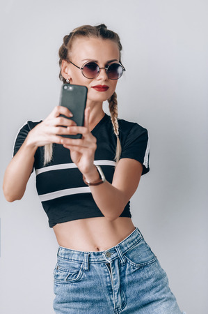 Girl hippy makes selfieの写真素材