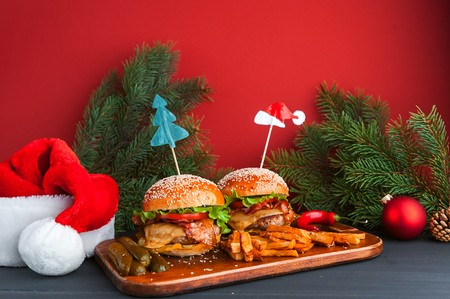 delicious homemade Christmas burgers with a juicy veal cutletの写真素材