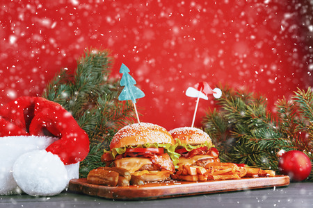 delicious homemade Christmas burgers with a juicy veal cutletの写真素材