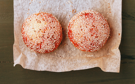 homemade burger with sesame seeds and flaxの写真素材