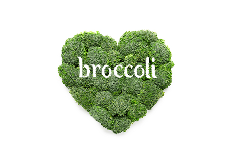 green heart with an inscription of broccoli on a white backgroundの写真素材