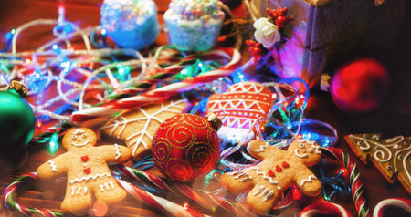 Christmas still life. homemade ginger biscuits, cane candy, on a wooden background.