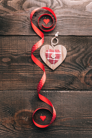 composition of textile hearts made in hand as a gift to the day of St. Valentine's Dayの写真素材