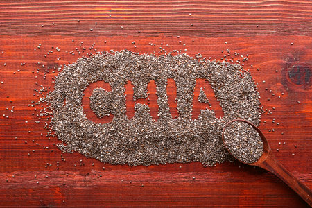 chia seeds on a wooden background. concept of healthy and healthy food.の写真素材