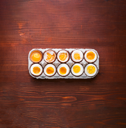 eggs in varying degrees of availability depending on the time of boiling eggsの写真素材