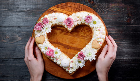 Valentine's Day heart-shaped cake with flowers as decoration. The concept of a gift to a loved one...