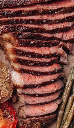 concept of a wonderful dinner for two of a delicious juicy fresh farmer marbled beef steak grilled with baked vegetablesの写真素材