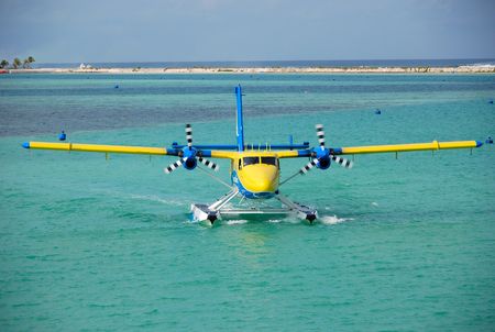 The seaplane has made landing and arrives to a place of a parking, Maldivesの写真素材