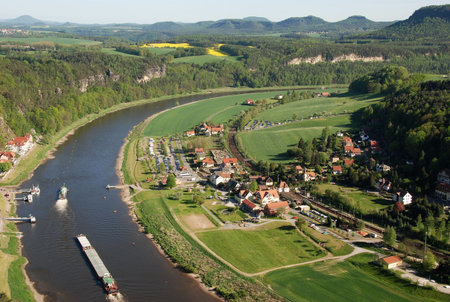 Bird view with river in Bastei, Germanyの写真素材