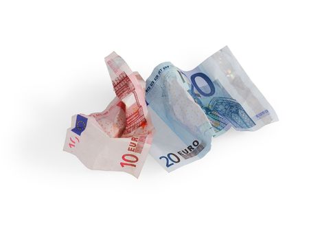 10 and 20 Crumpled Euro isolated on whiteの写真素材