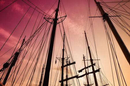 Looking up at silhouette of  ship's mast against sky with the red sunset's dying glow (toner).
