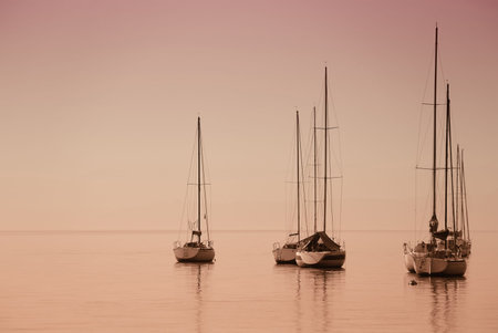 Boats on the lake in pink tones at dawn (toner).