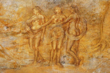 Fragment of old medieval building with fresco in Prague. The artist is unknown.の写真素材