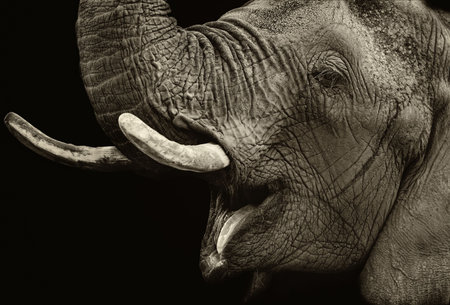 Portrait of elephant against dark background. Sepia tone.