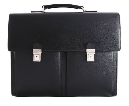 Black leather briefcase - front view. Isolated on white background.の写真素材