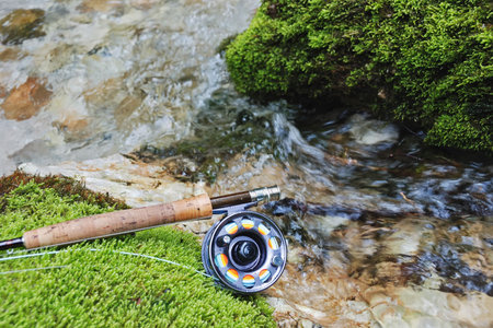 Shot of fishing gear (fly rod and reel) on wet moss against mountain stream