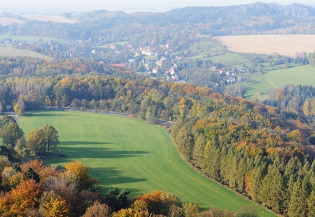 View from Koenigstein Fortress (near Dresden) looking down onto countryside of Saxony Switzerland の写真素材